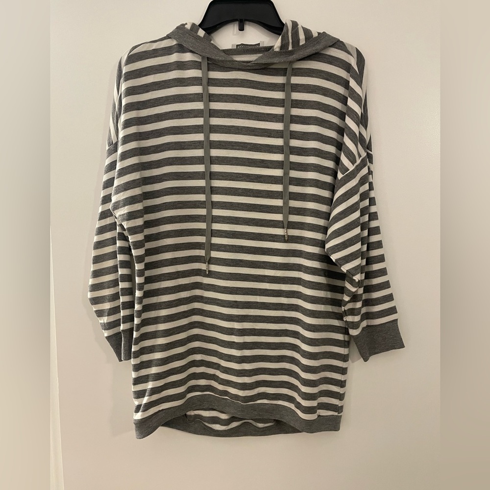 Size Small Gray and White Striped Hooded Shirt